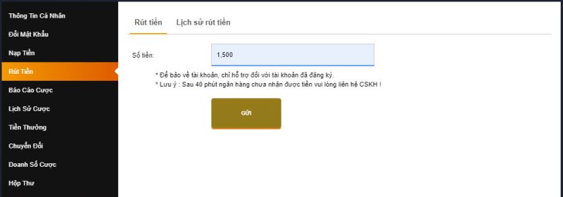 Nhập số tiền cần rút Kimsa